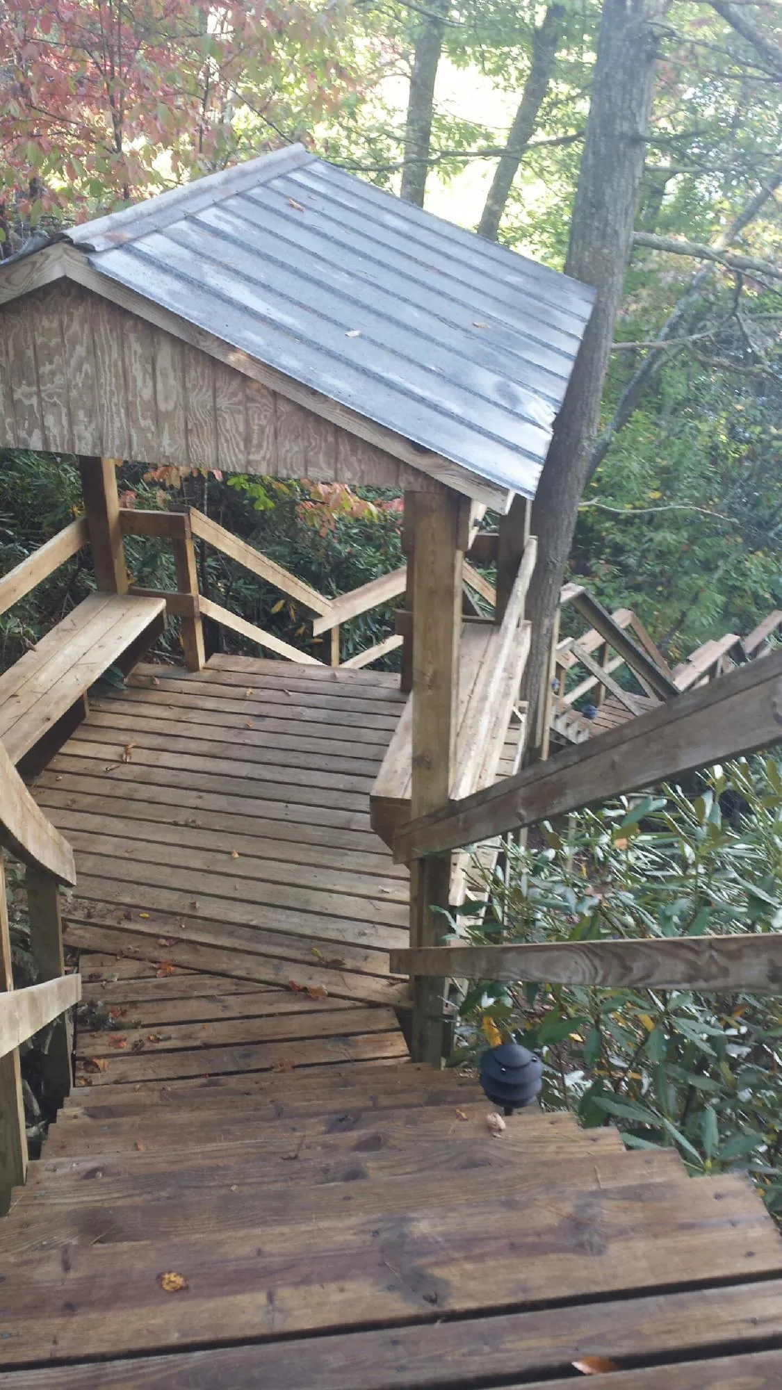Metal roofed shelter over wooden steps on a wooded walkway — Skylight Repair & Installation work by our crew in Marble